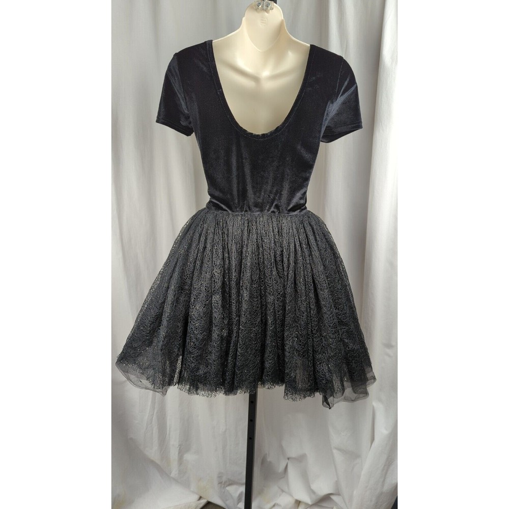 MAJE Yoox Bloomingdales Designer Dress Black Velvet Skater Tulle Gold Sparkle M - Picture 2 of 4
